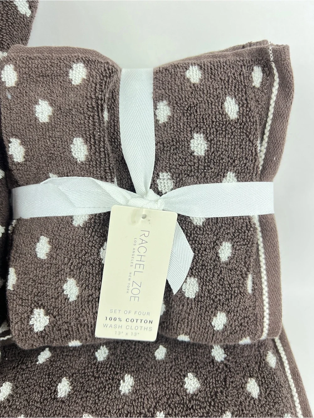 Rachel Zoe Bath Towel Set Brown Off White Polka Dots Soft 100% Cotton 8 Pc NEW